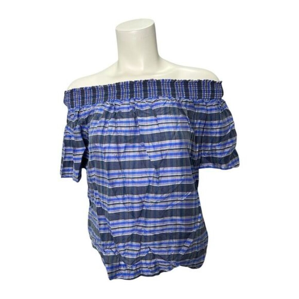 J Crew Blue Striped‎ Off-Shoulder Silk Women's Top Sz 8